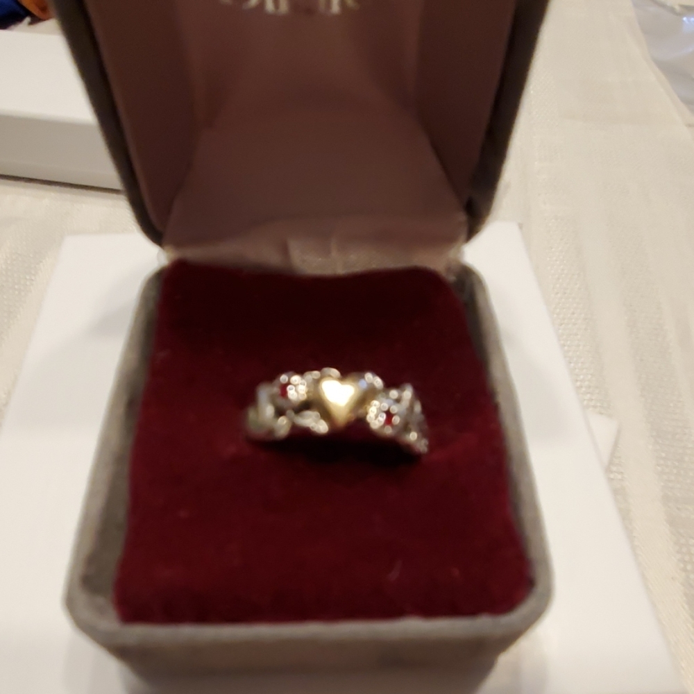 925 silver and 14K gold heart and flower ring